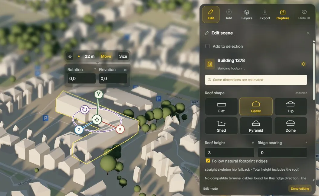 Sunframe edit mode with a selected building, move handles and the Edit scene roof panel