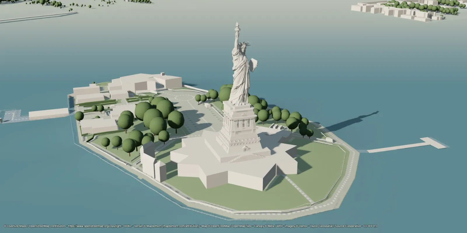 An imported 3D model of the Statue of Liberty placed on Liberty Island in Sunframe, casting a shadow over the water